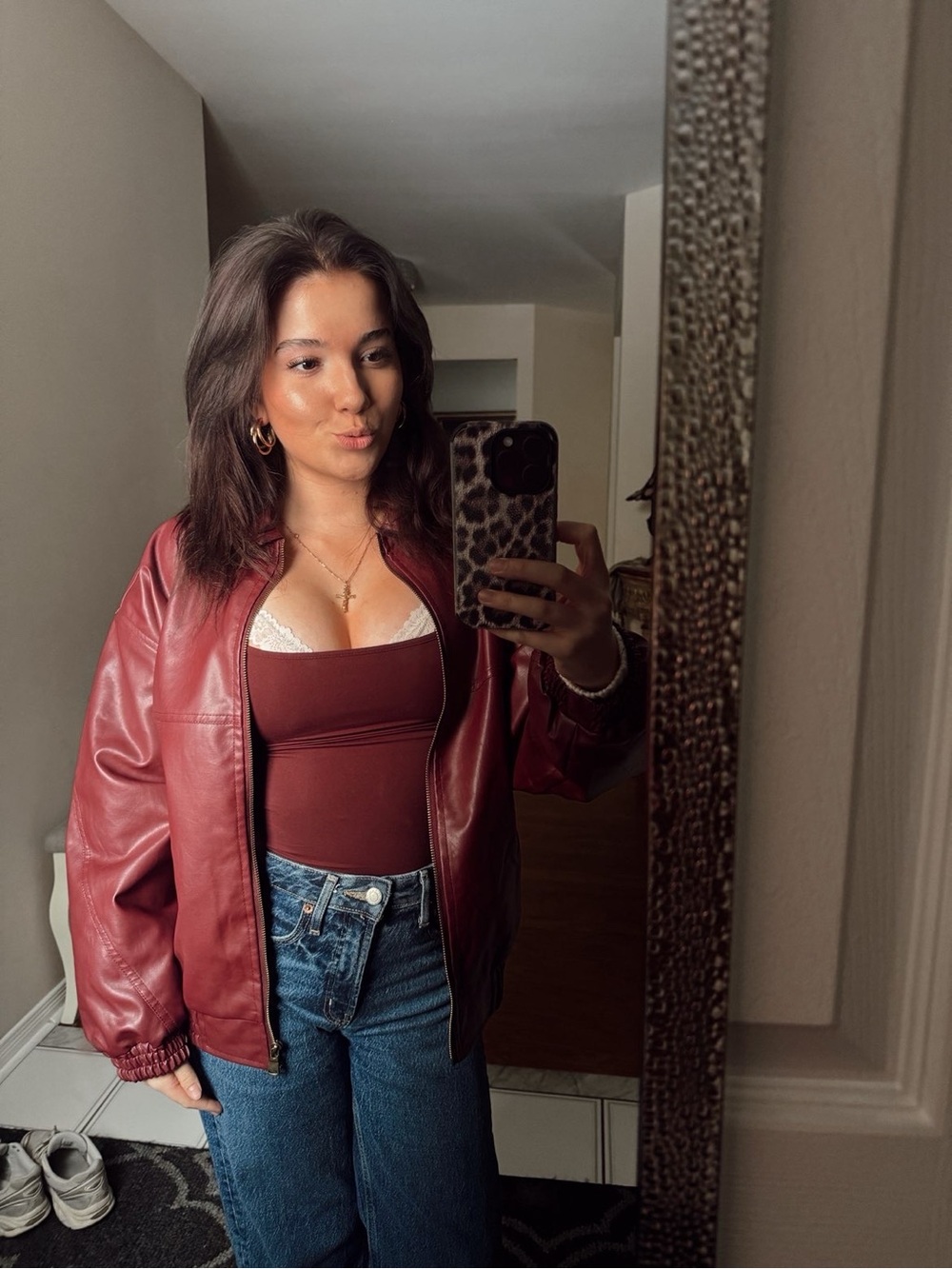 Women's Wine Faux Leather Bomber Jacket